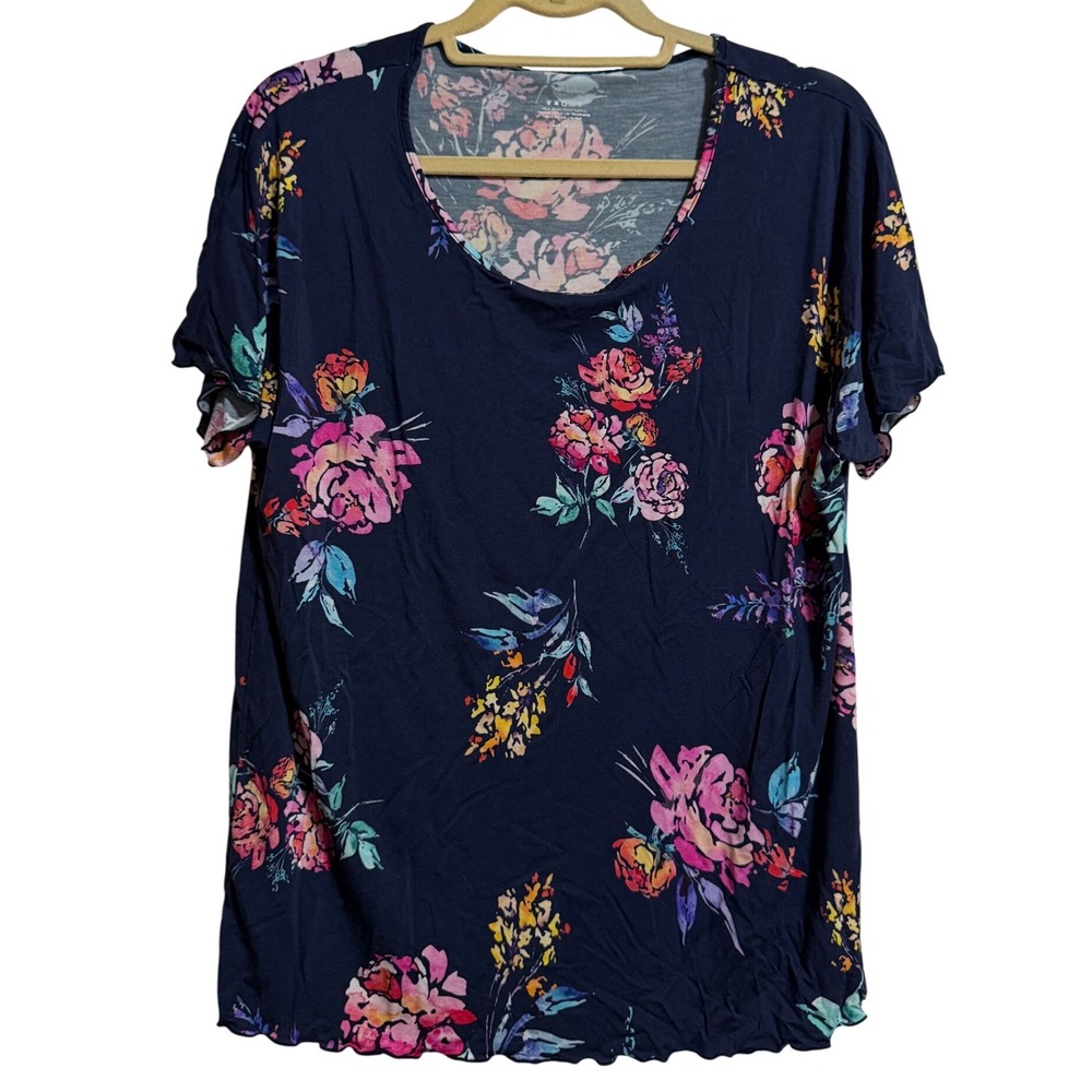 Womens Navy Floral Bamboo Viscose Short Sleeve Lettuce Edge Top Large